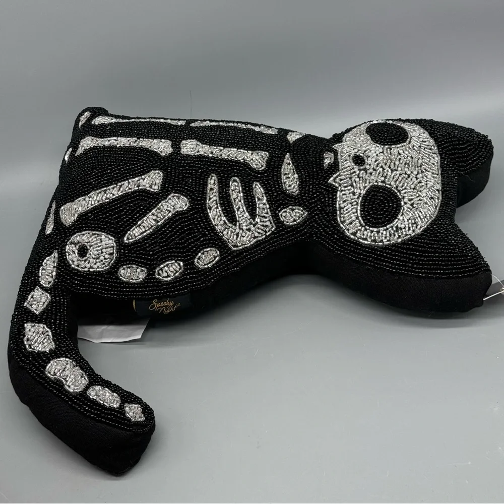 Spooky Night Halloween Skeleton Black Cat Beaded Throw Pillow Day of Dead Decor